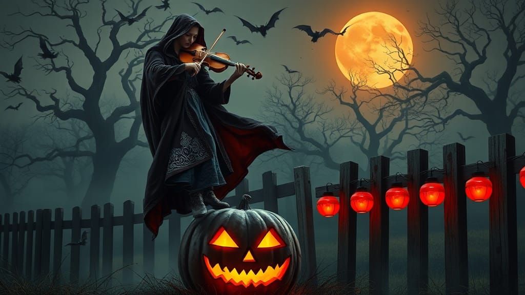 Halloween Violinist in Mystical Orchard