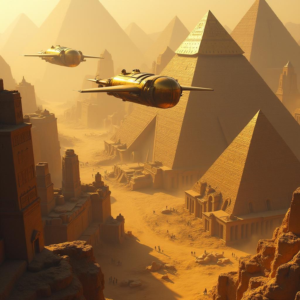 Futuristic Egyptian Cityscape with Flying Scarabs