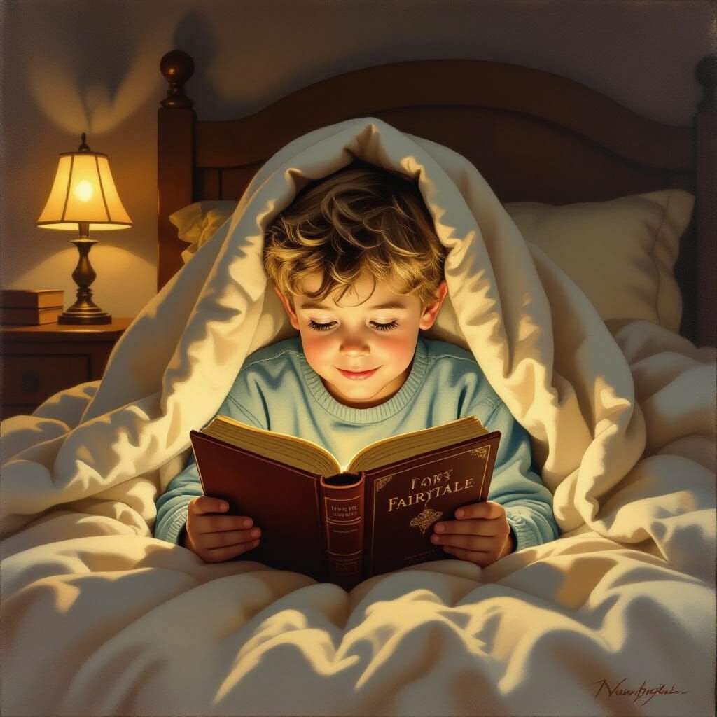 Boy Reading Fairytale Book Under Blanket, Warm Glow