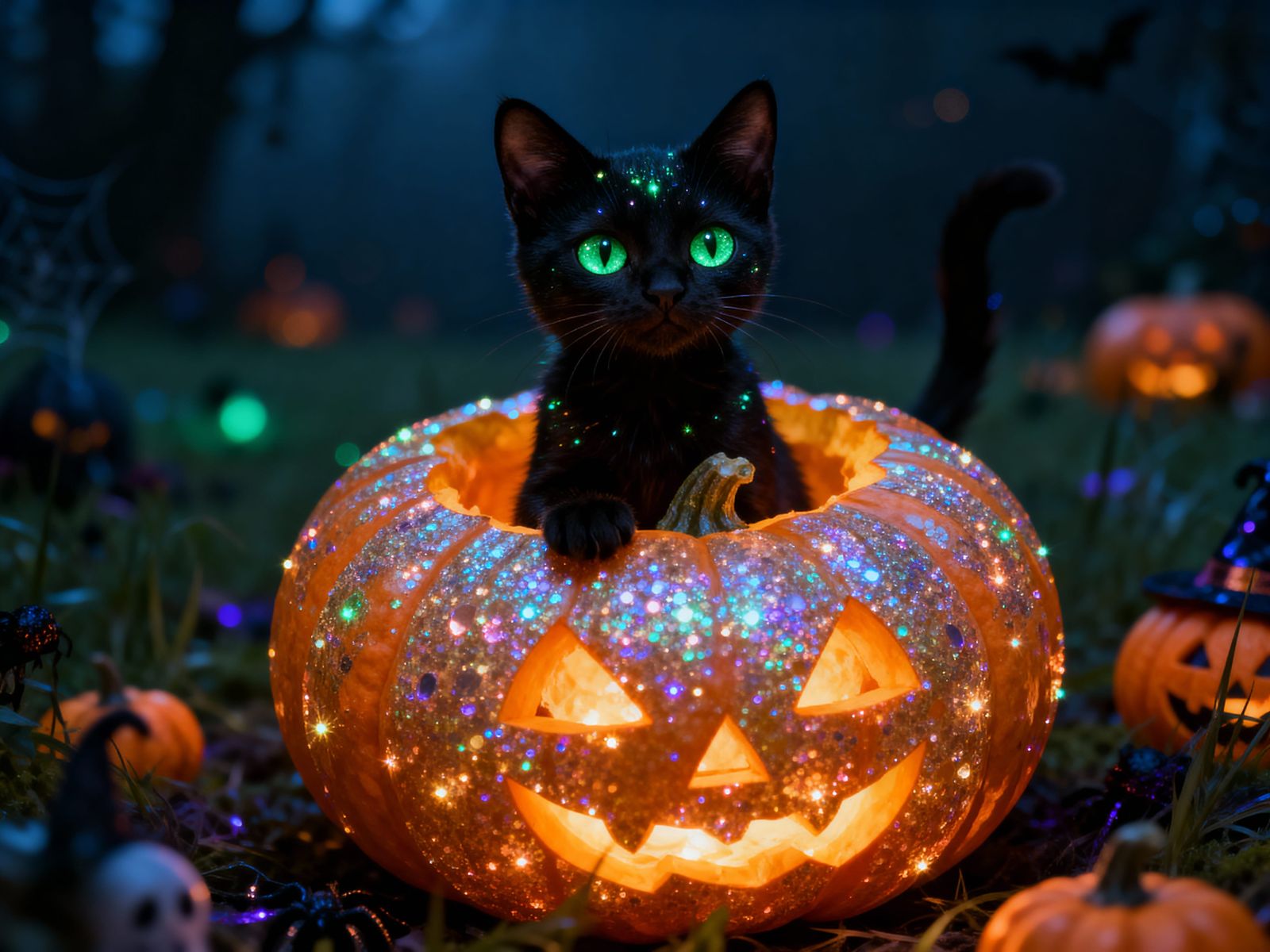 Magical Black Kitten in Spooky Halloween Pumpkin
