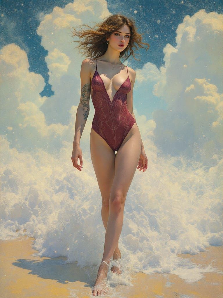 Pin-Up Woman on Boardwalk in Opalescent Pastels