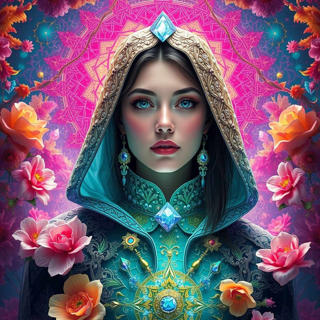 Woman in Crystal Cloak with Art Nouveau Flair