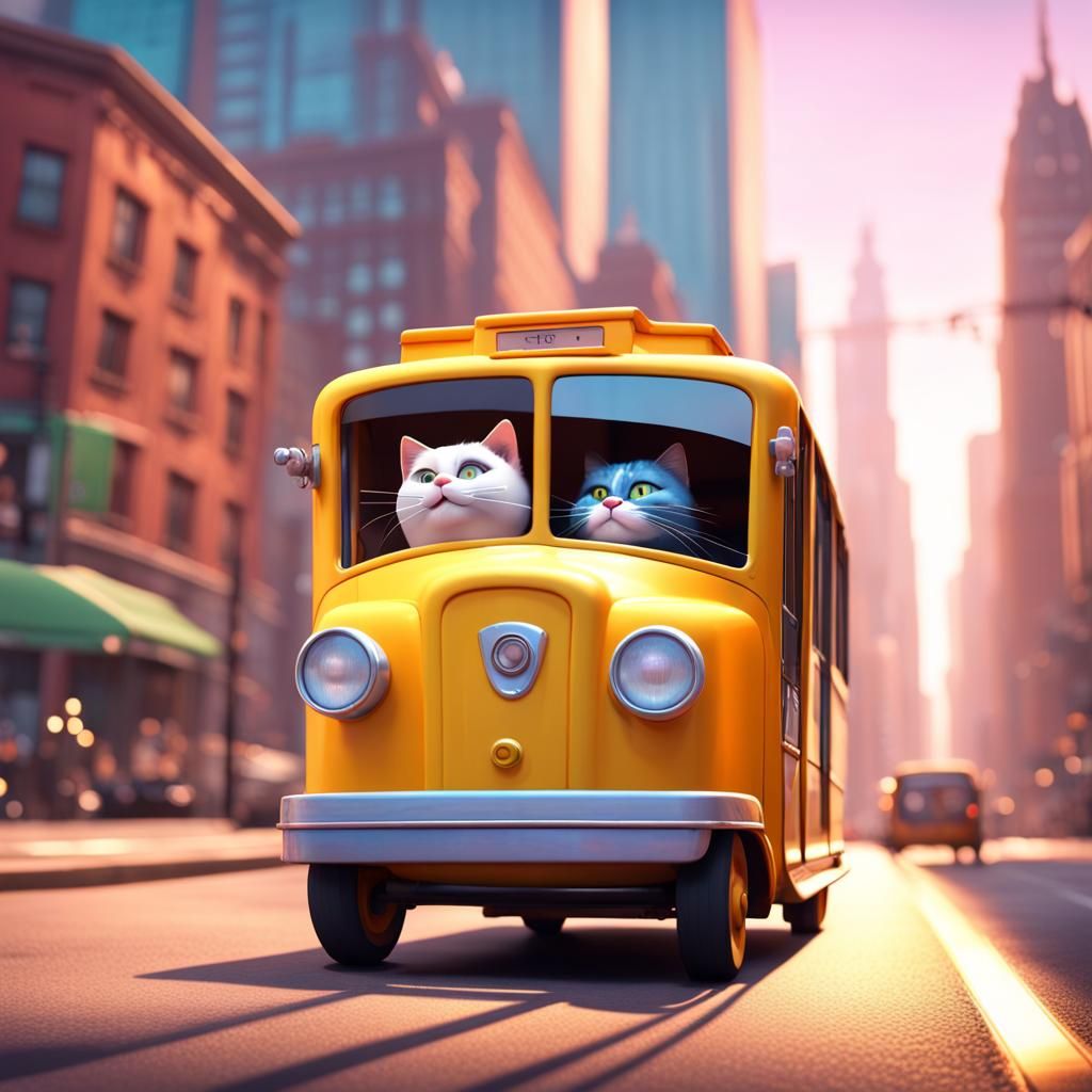 Cat Drives Trolley in Big City: Pixar-Style 3D Art