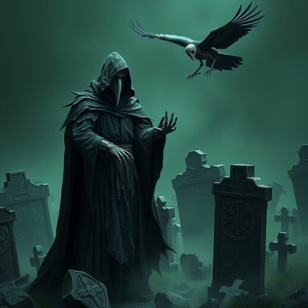 Necromancer Plague Doctor in Grave Yard, Anime Style