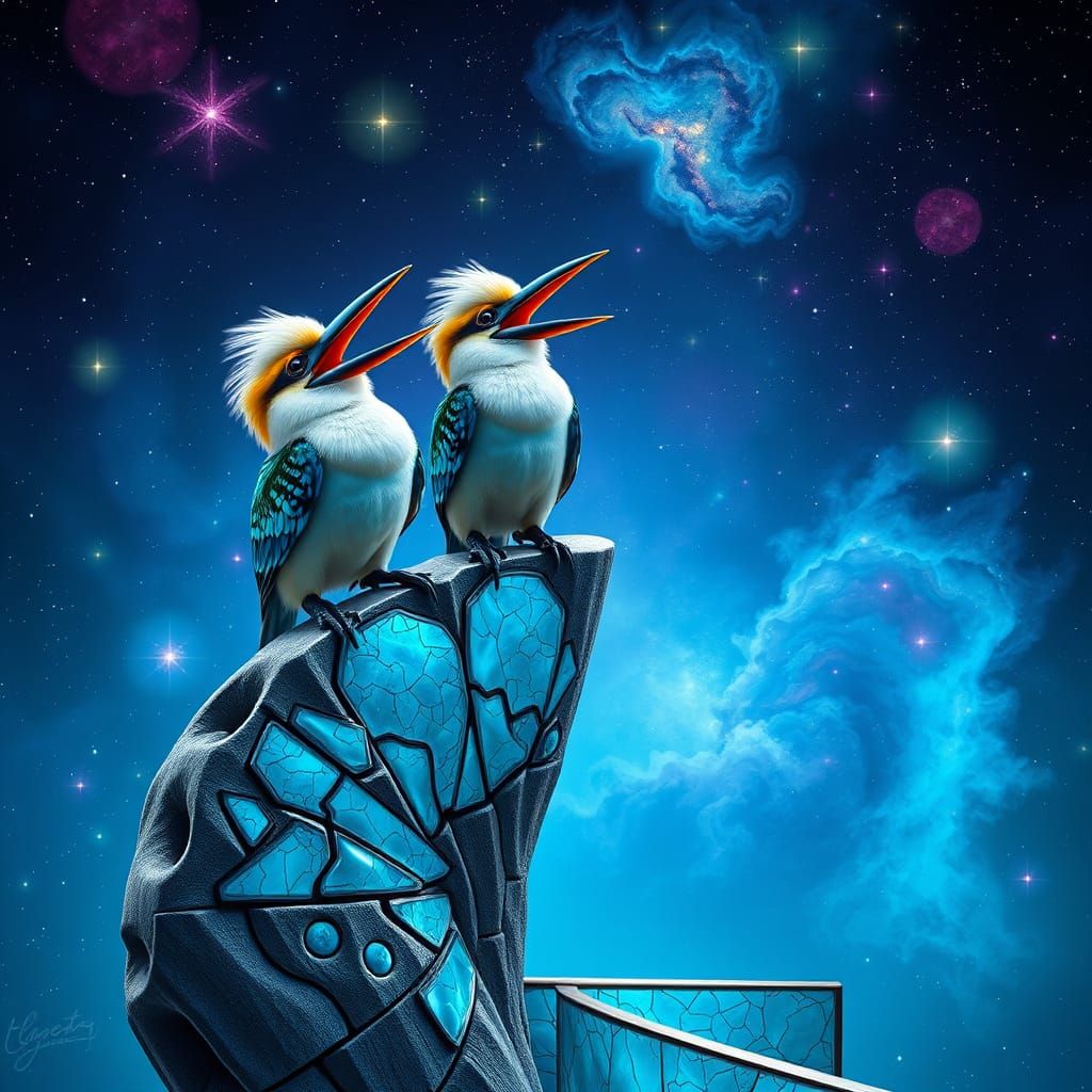 Iridescent Kookaburras on Abalone Staircase