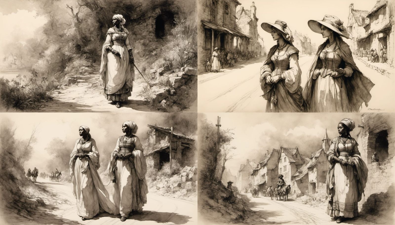 Medieval Woman Portrait in Rembrandt Style Sketch