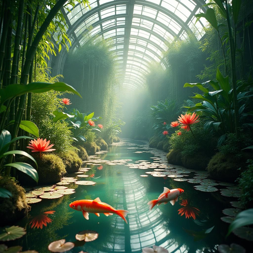 Greenhouse Pond with Koi Fish in Film Style