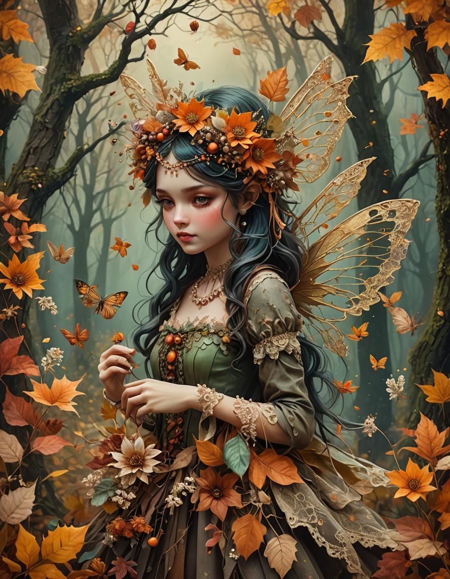 Autumn Forest Fairy with Flowers and Lace