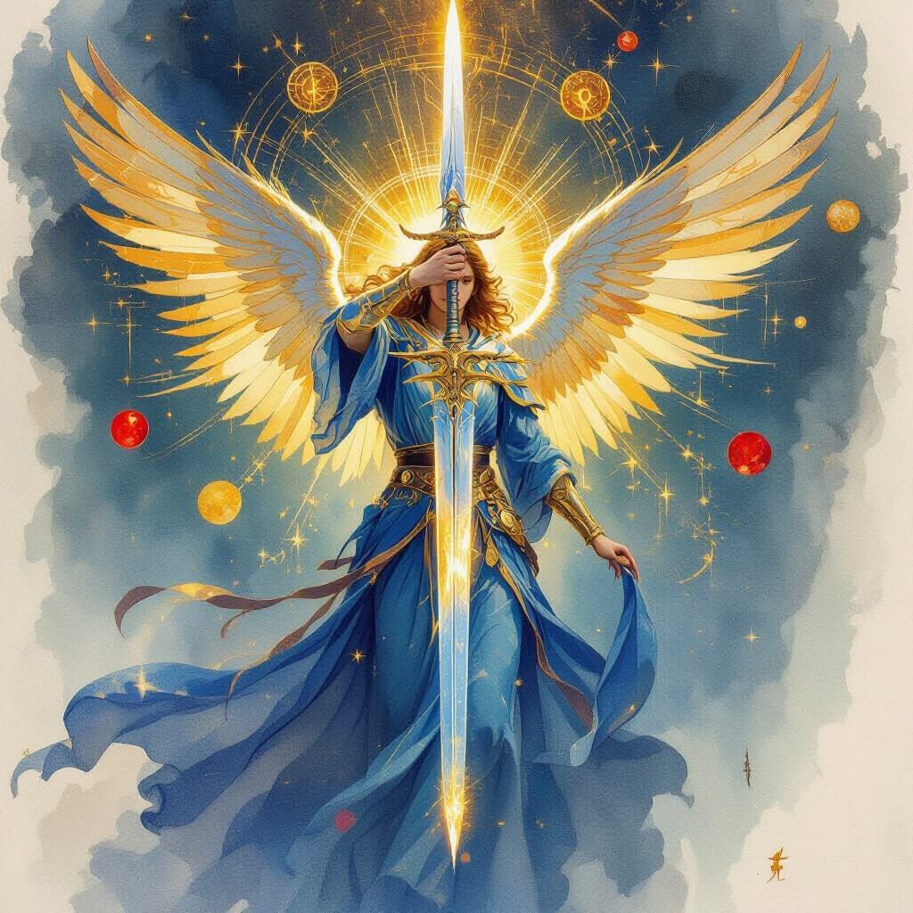 Celestial Angel with Blazing Sword in Double Exposure Waterc...