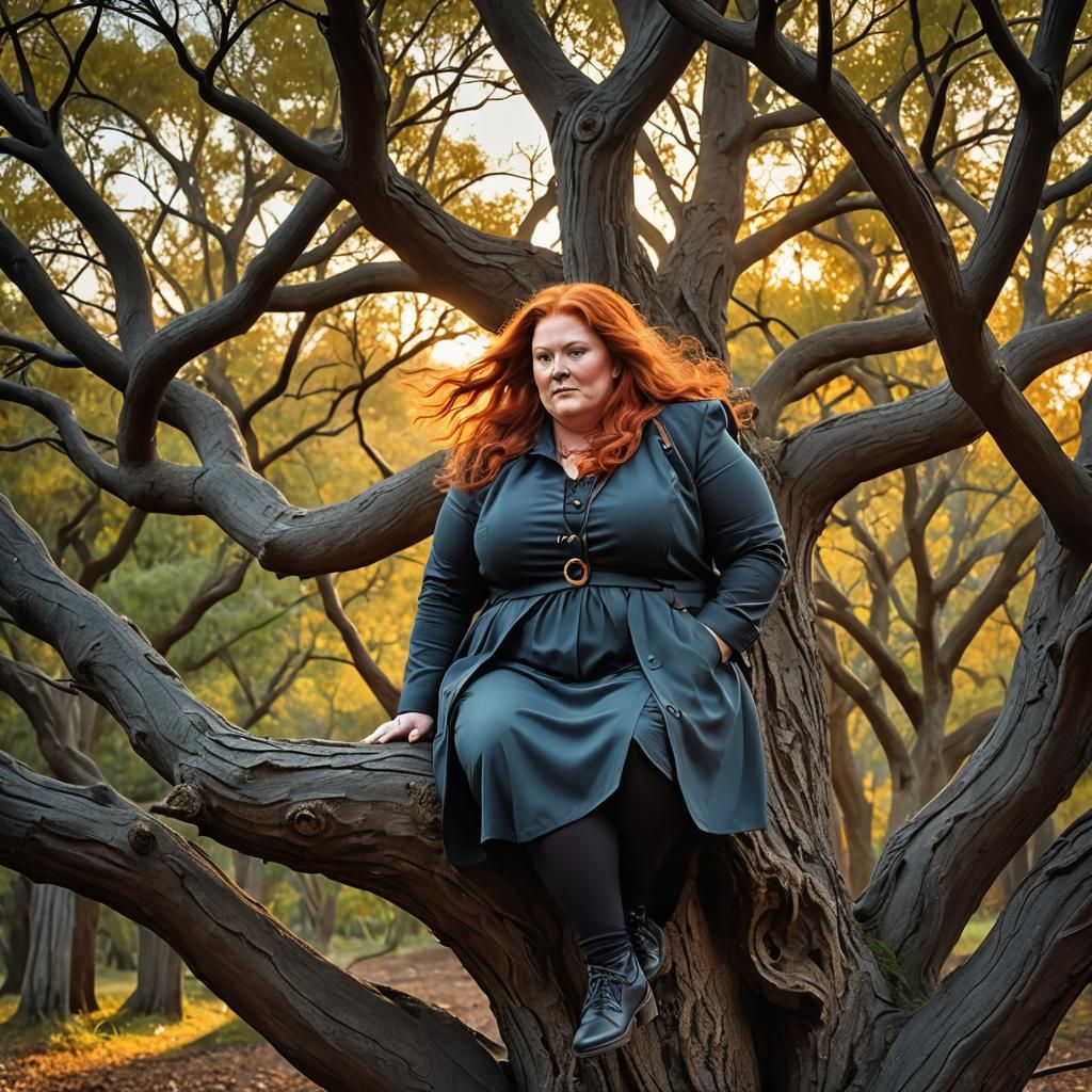 Redhead Woman and Tree at Sunrise: Surreal Art