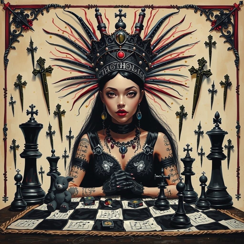 Whimsical Goth Dinosaur Girl Plays Guitar in Dreamlike Holid...