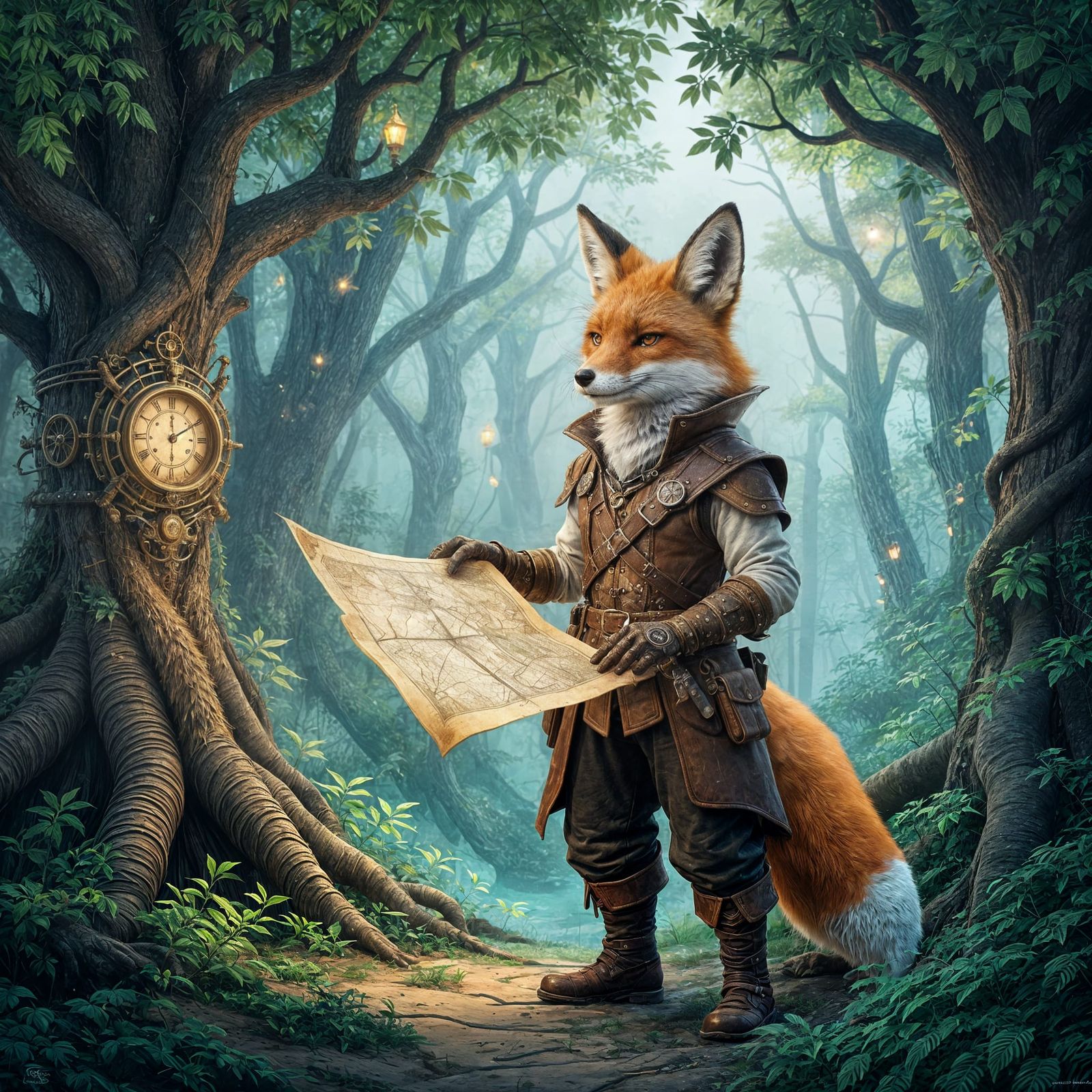 Adventurous Fox at Enchanted Clockwork Forest Edge