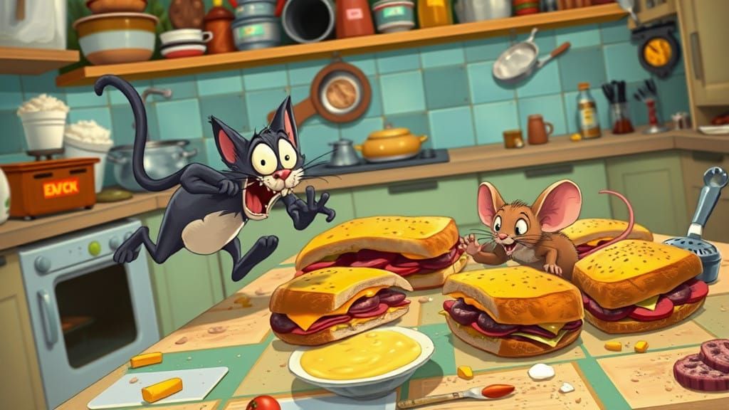 Whimsical Cartoon Cat Chases Quick-Witted Mouse in a Colorfu...