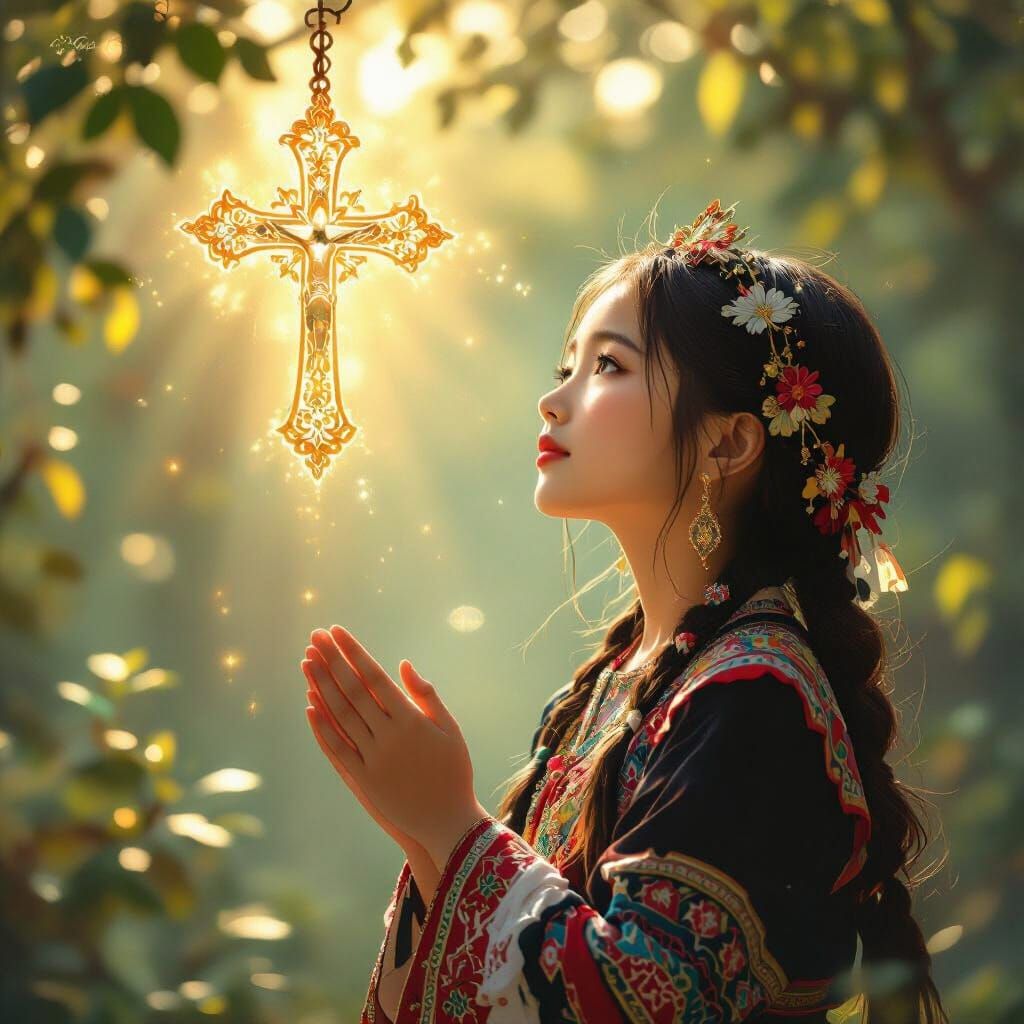 Hmong Girl Worships Jesus in Ethereal Golden Hour Light