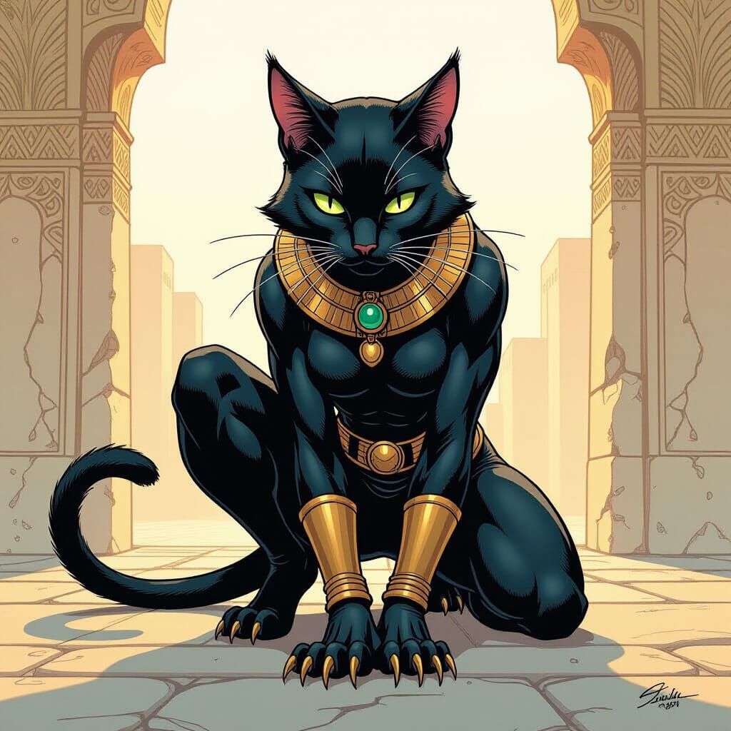 Goddess Bast Stalks Apophis Scion in Comic Art Style
