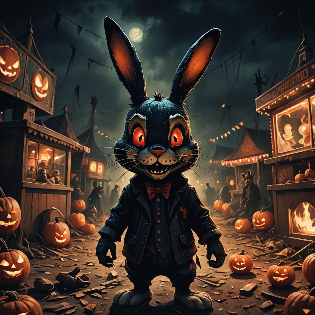 Oswald Rabbit in Dark Carnival: Horror Illustration