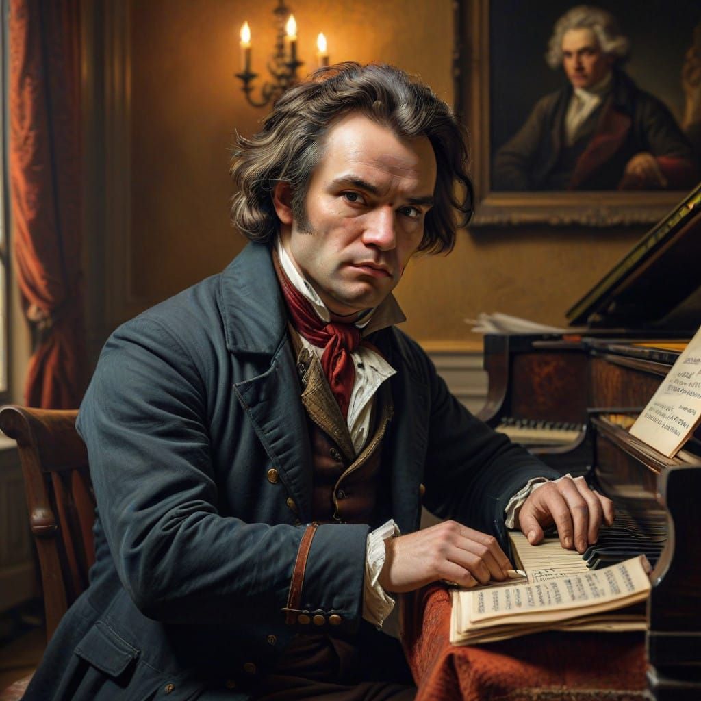 Beethoven in Elegant 19th-Century Attire, Surrounded by Clas...