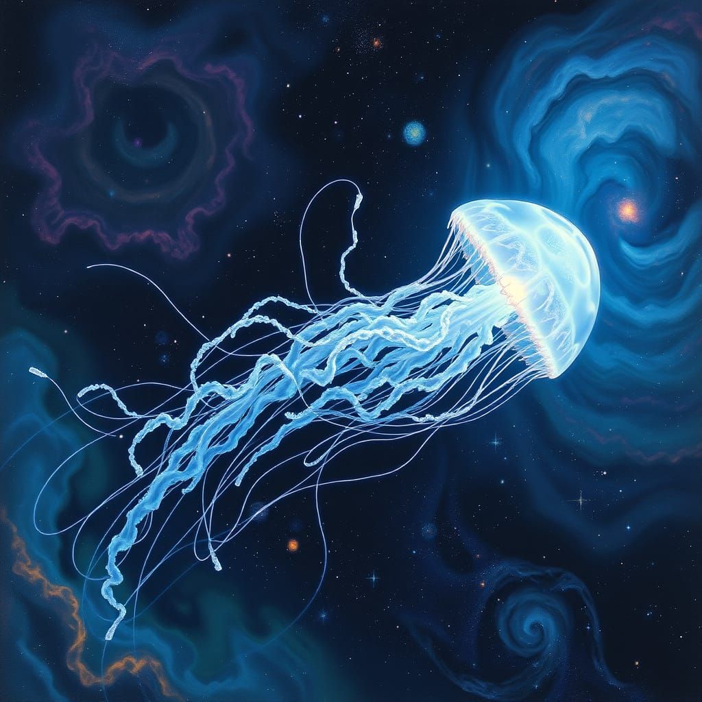 Bioluminescent Jellyfish Drifting Through Deep Space