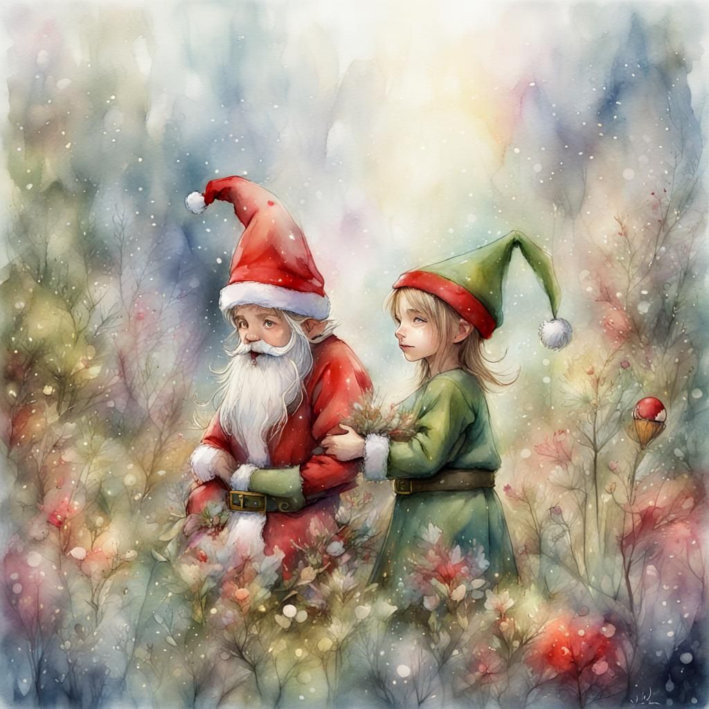 Christmas Elf and Santa in Watercolor Illustration