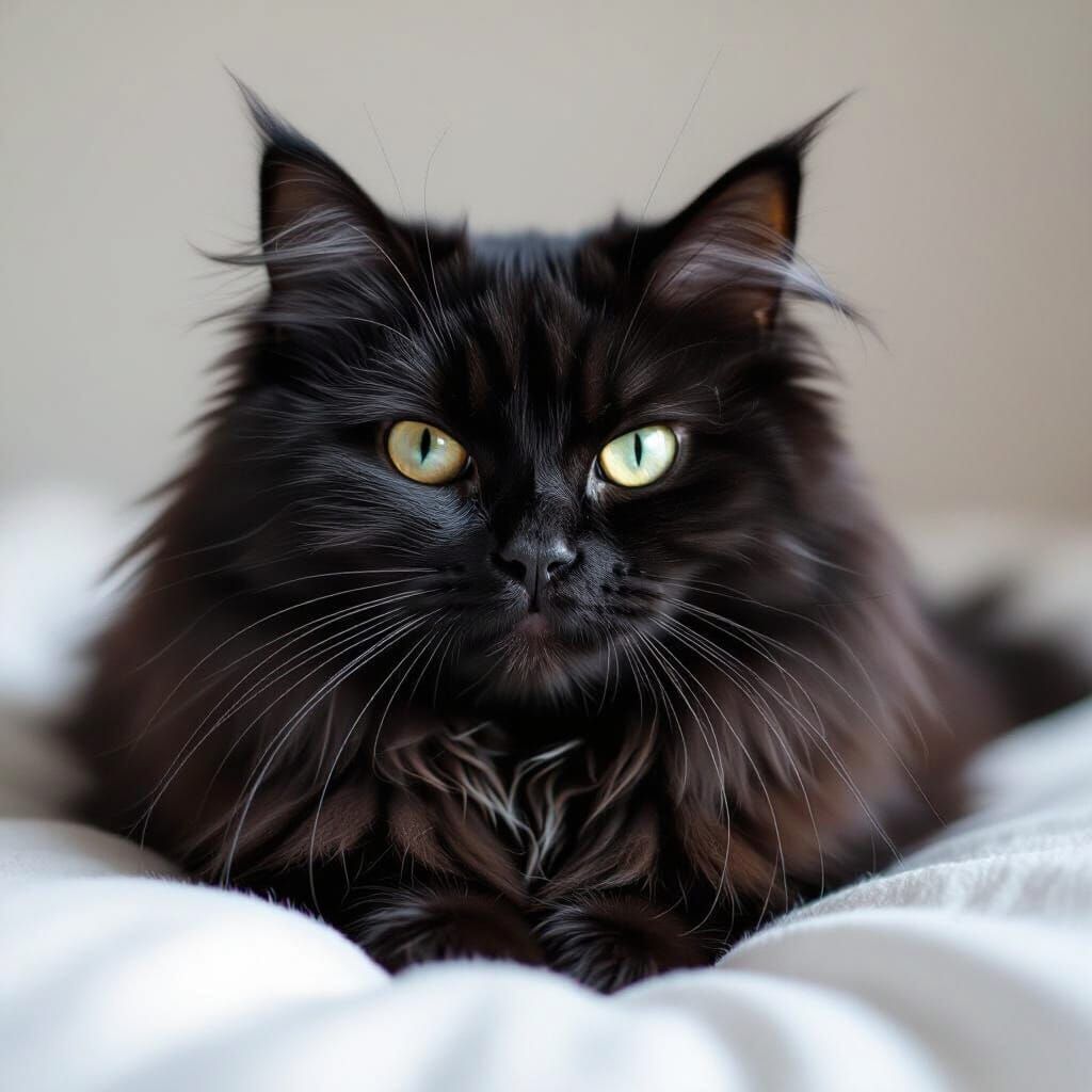 Fluffy Black Cat Portrait with Moody Atmosphere