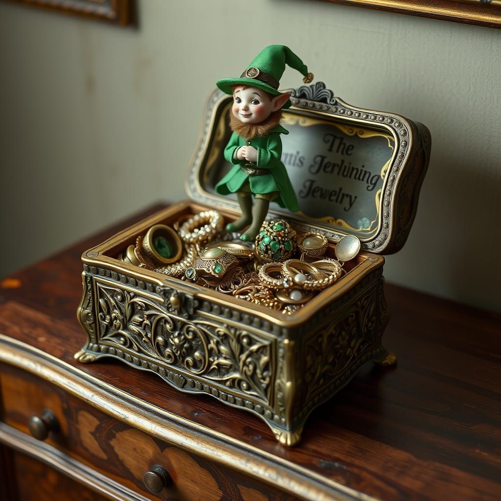 Whimsical Jewelry Box Scene with Leprechaun in Emerald Green