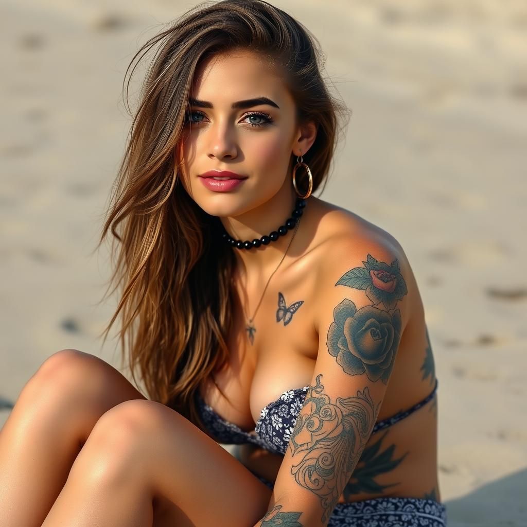 Tattooed Woman Relaxing on a Sunny Beach