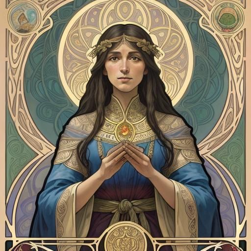 Woman Offers Food to Statue in Art Nouveau Style