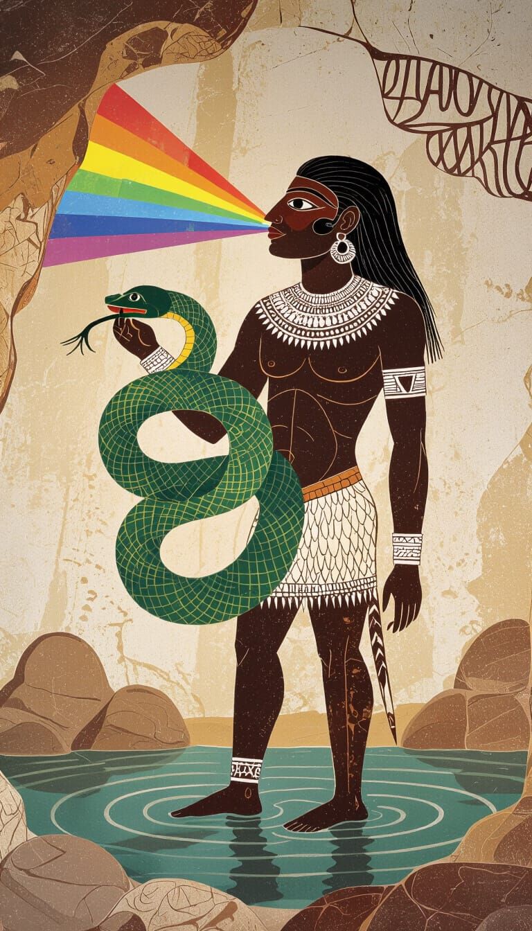 Ancient Cave Art: Figure with Snake and Rainbow Beam