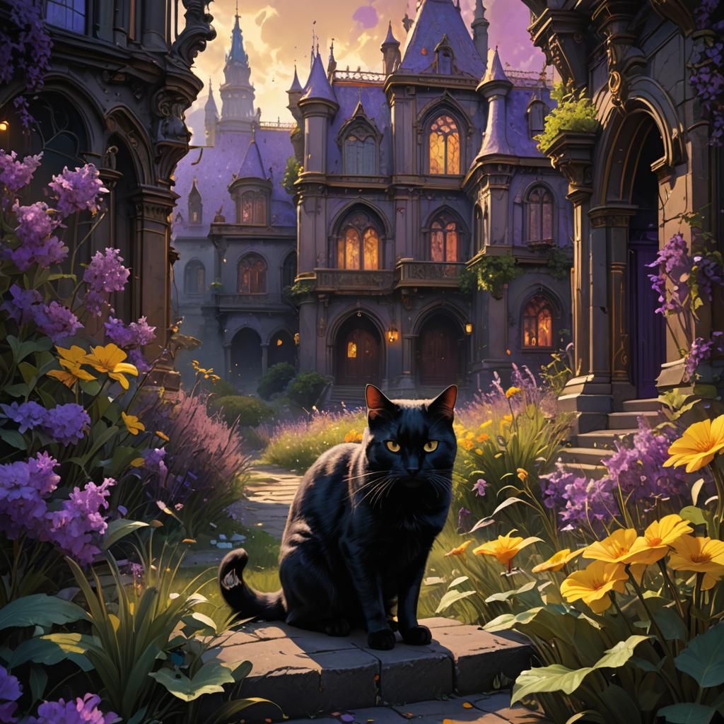 Black Cat in Dark Fantasy Landscape