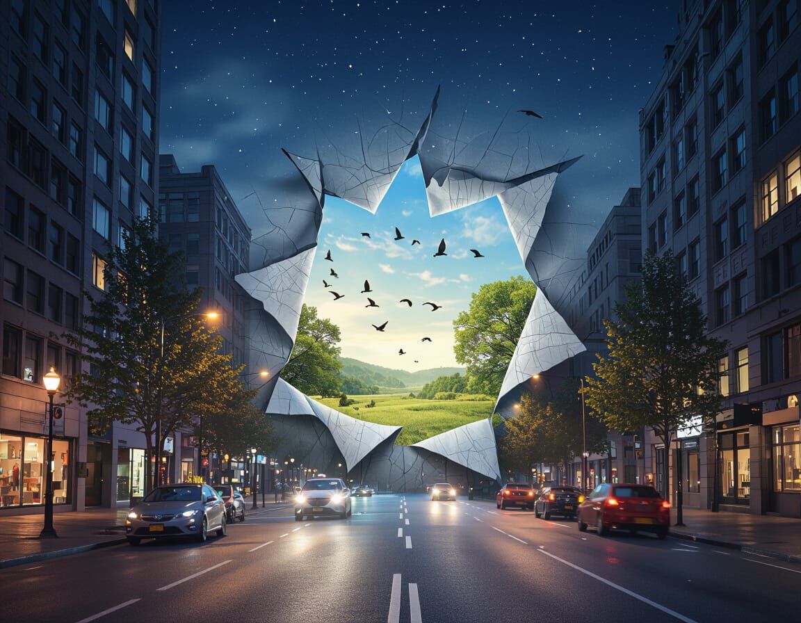 Surreal City Nightscape With Nature Reveal