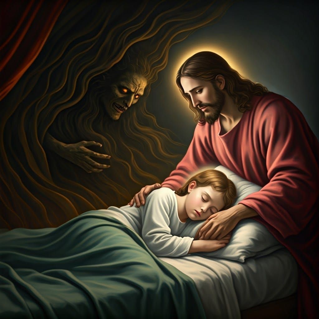 Jesus Watches Over a Sleeping Child in a Golden Glow