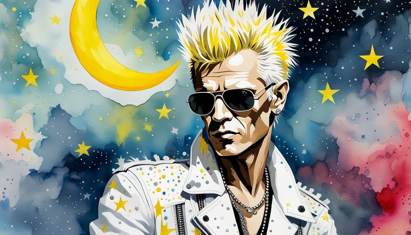 Billy Idol Pop Art Watercolor Portrait with Moon