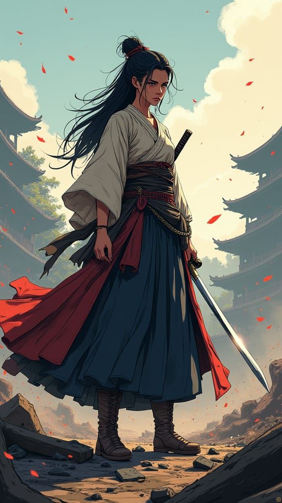 Samurai Woman on Battlefield in Anime Style