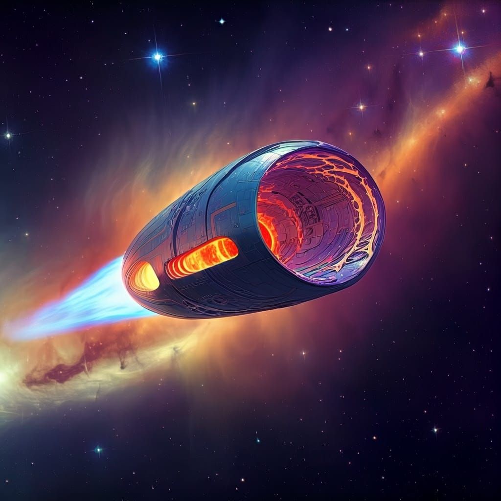 Starship Speeds Through Star Cluster in Oil Realism