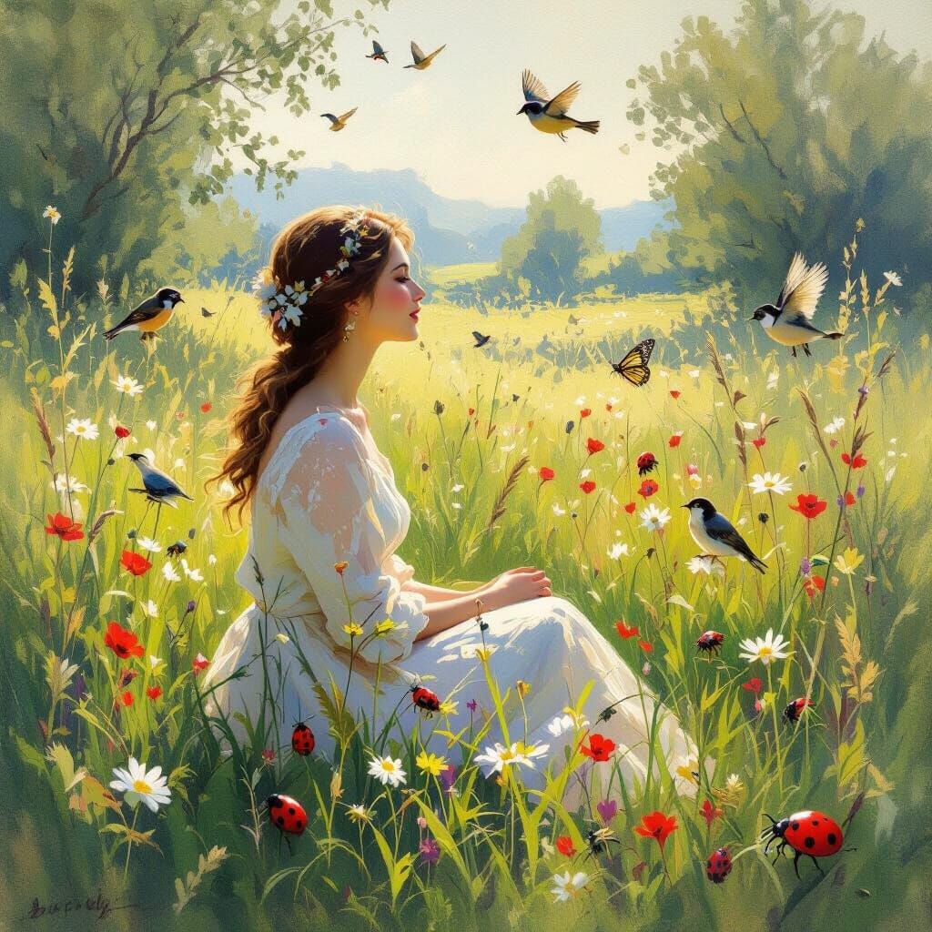 Serene Woman in Meadow with Birds and Insects