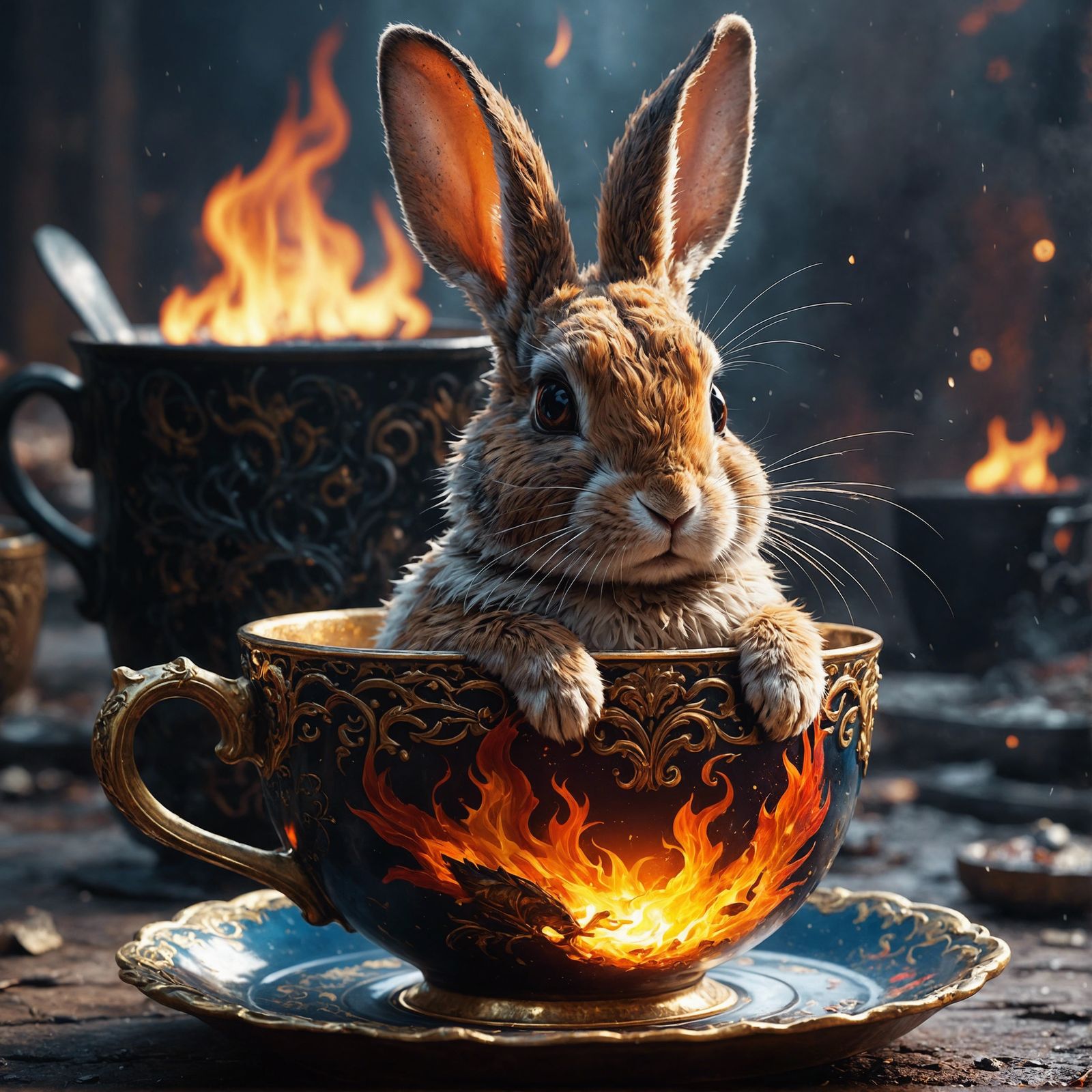 Fiery Teacup Bunny: Detailed Fantasy Art