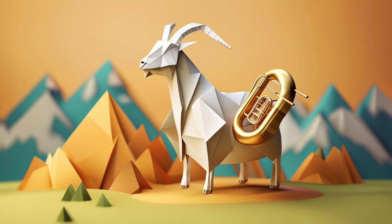 Goat Plays Tuba Atop Mountain in Origami Style