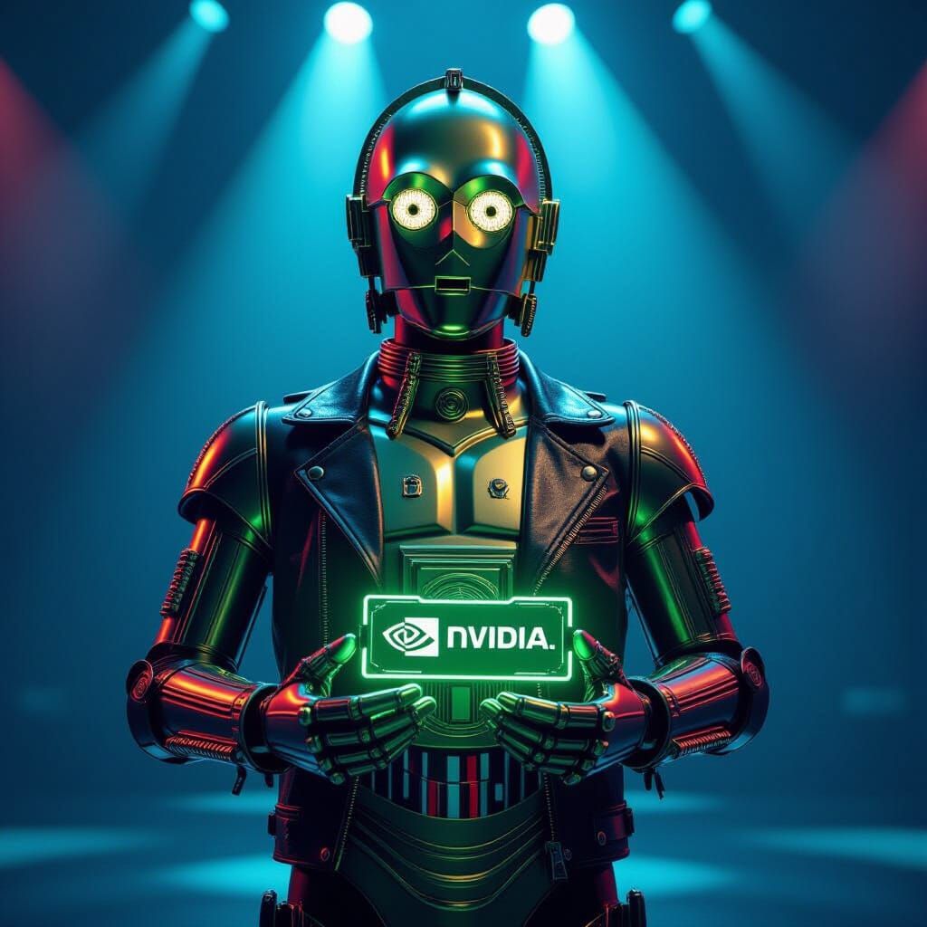 C3PO in Leather Jacket Holds NVIDIA Card on Stage