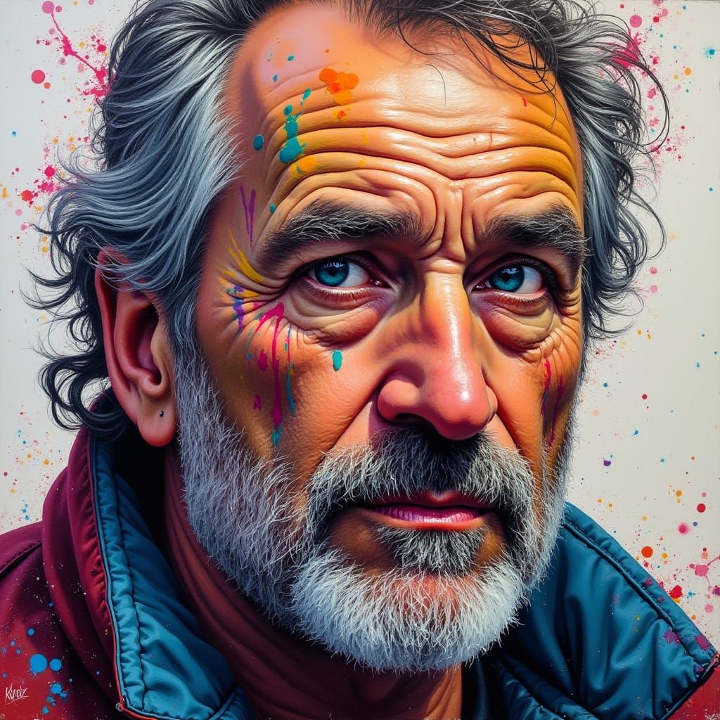 Expressive Pop Art Portrait with Graffiti Markings