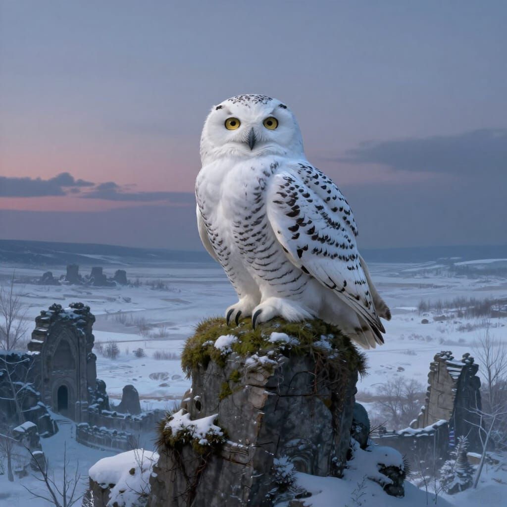 Snowy Owl on Ancient Ruins in Twilight Wilderness