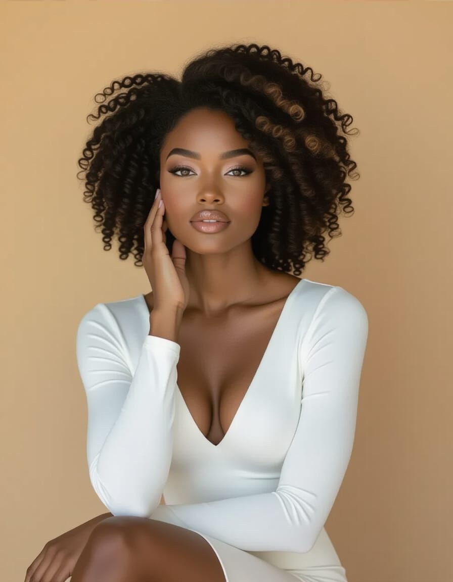 Studio Portrait of Confident Black Woman in White Dress