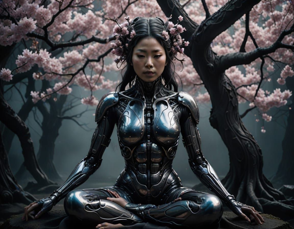 Japanese Woman in Futuristic Sakura Landscape