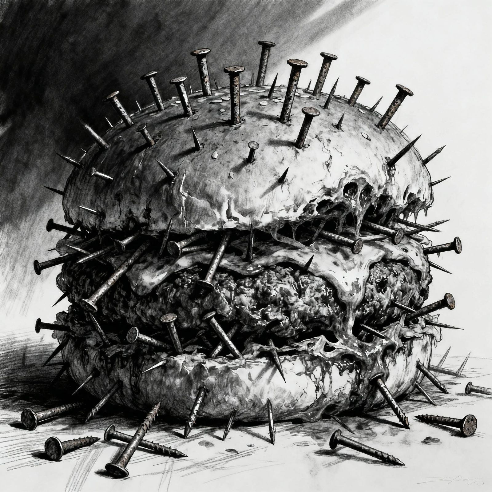 Grotesque Nail Burger in Stark Charcoal Horror Style