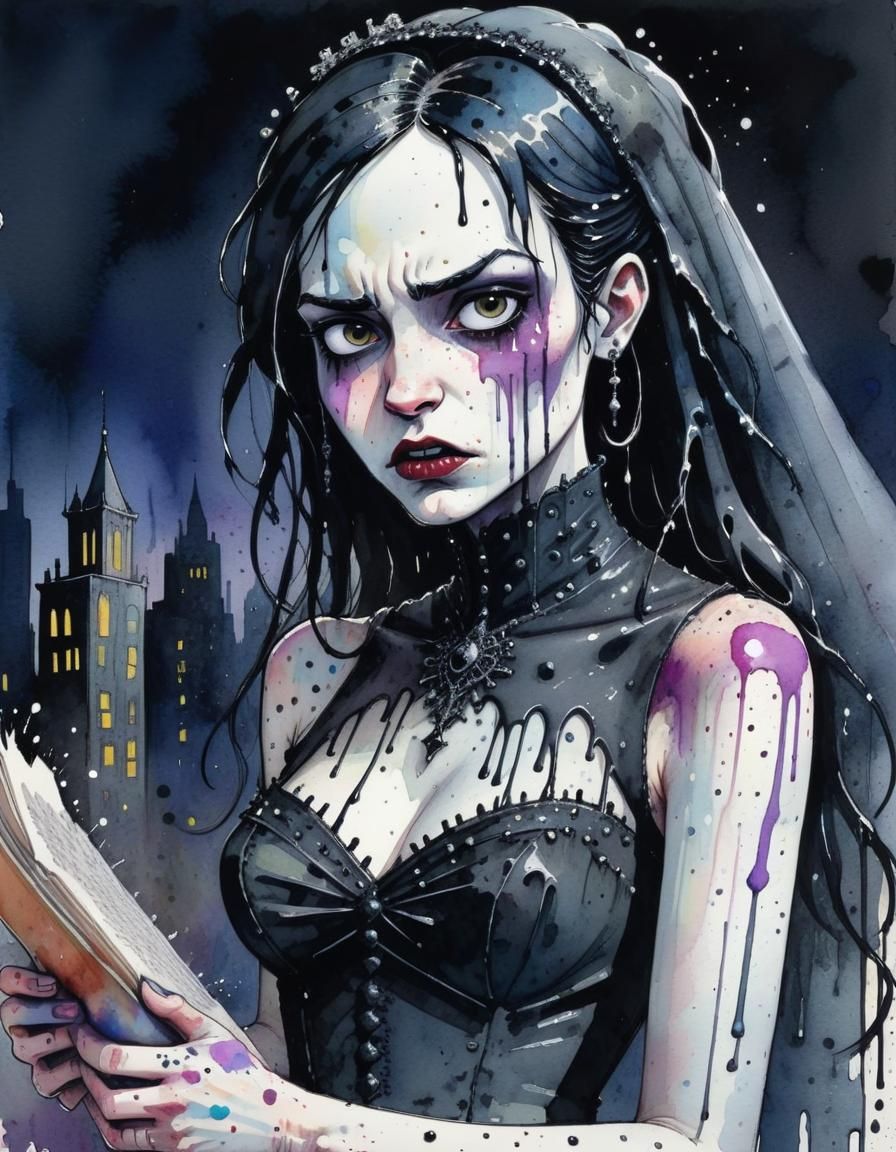 Destructive Goth Bride in Dystopian Cityscape