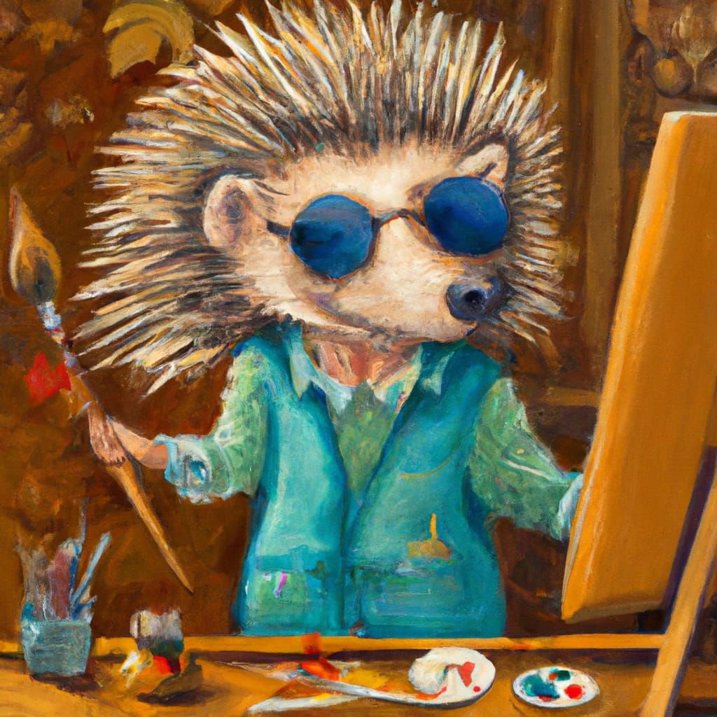 Hedgehog Artist Painting Self-Portrait in Gouache Style