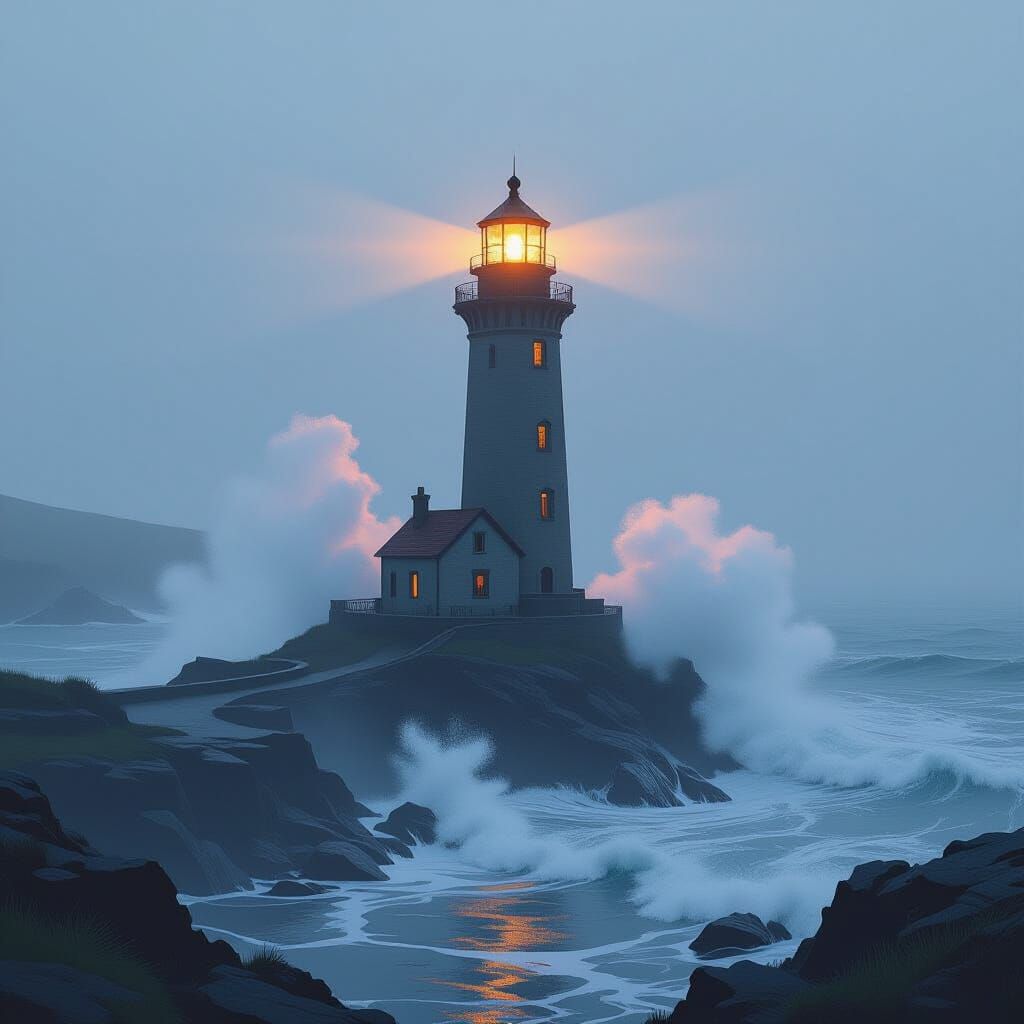 Lighthouse Pierces Fog in Sci-Fi Realism Style