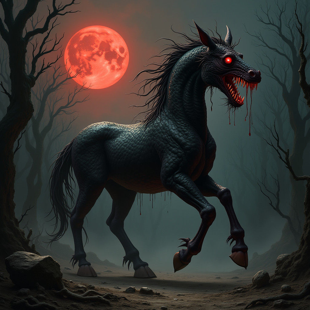 Nightmarish Serpent-Stallion Hybrid in Dark Forest