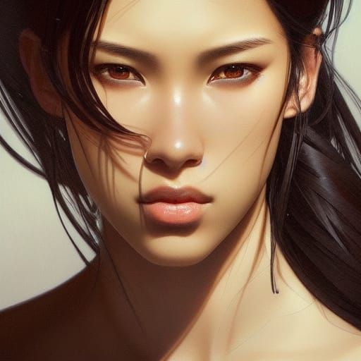 Detailed Portrait of Asian Person in Art Nouveau Style