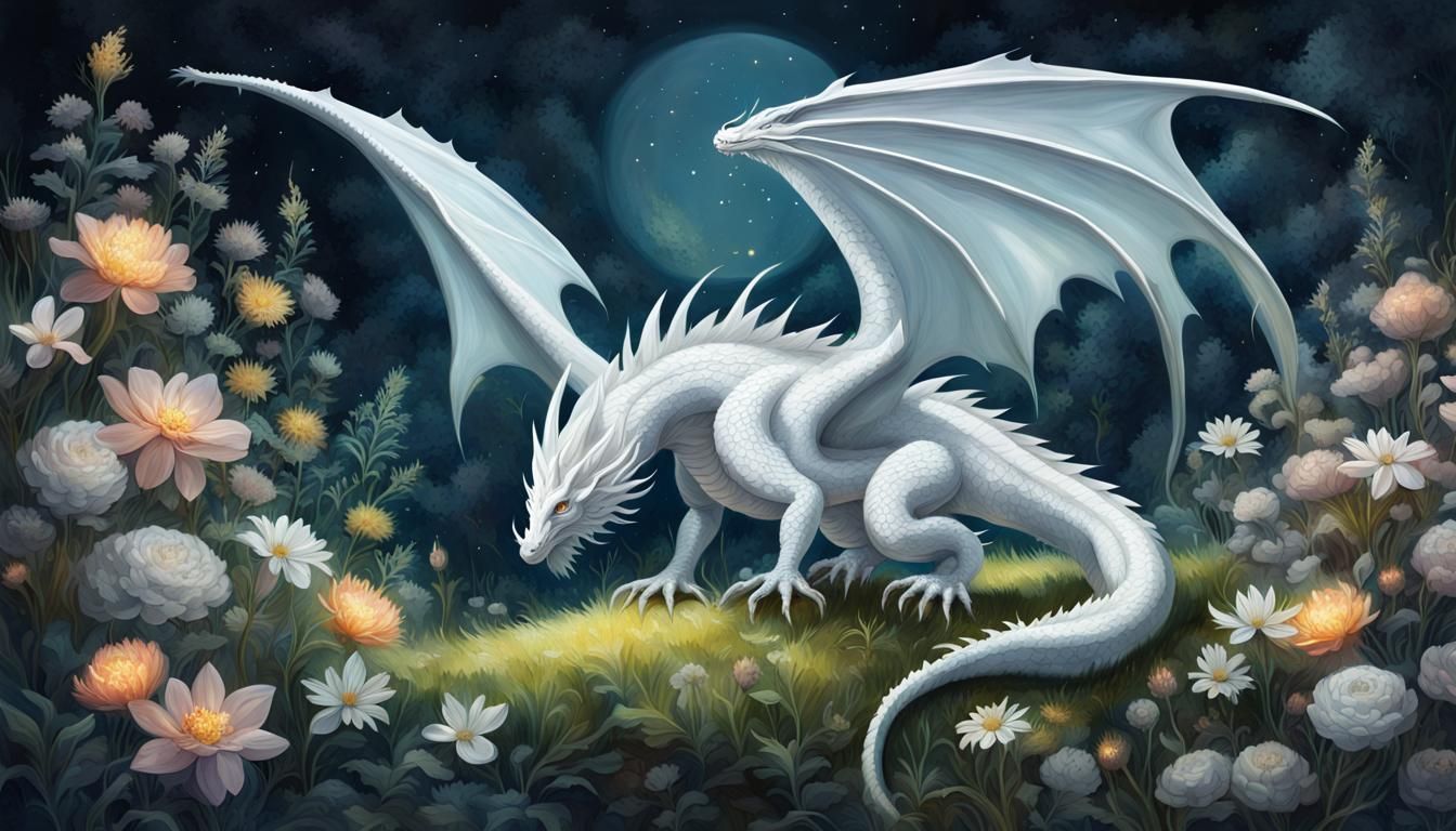 Fantasy White Dragon in Moonlit Meadow Painting