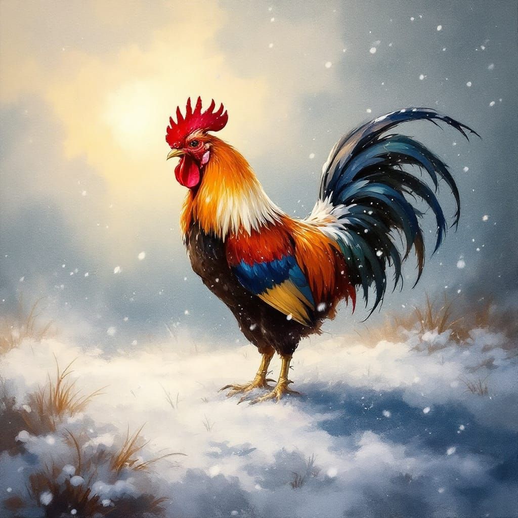 Rooster Stands Proudly in Winter Storm